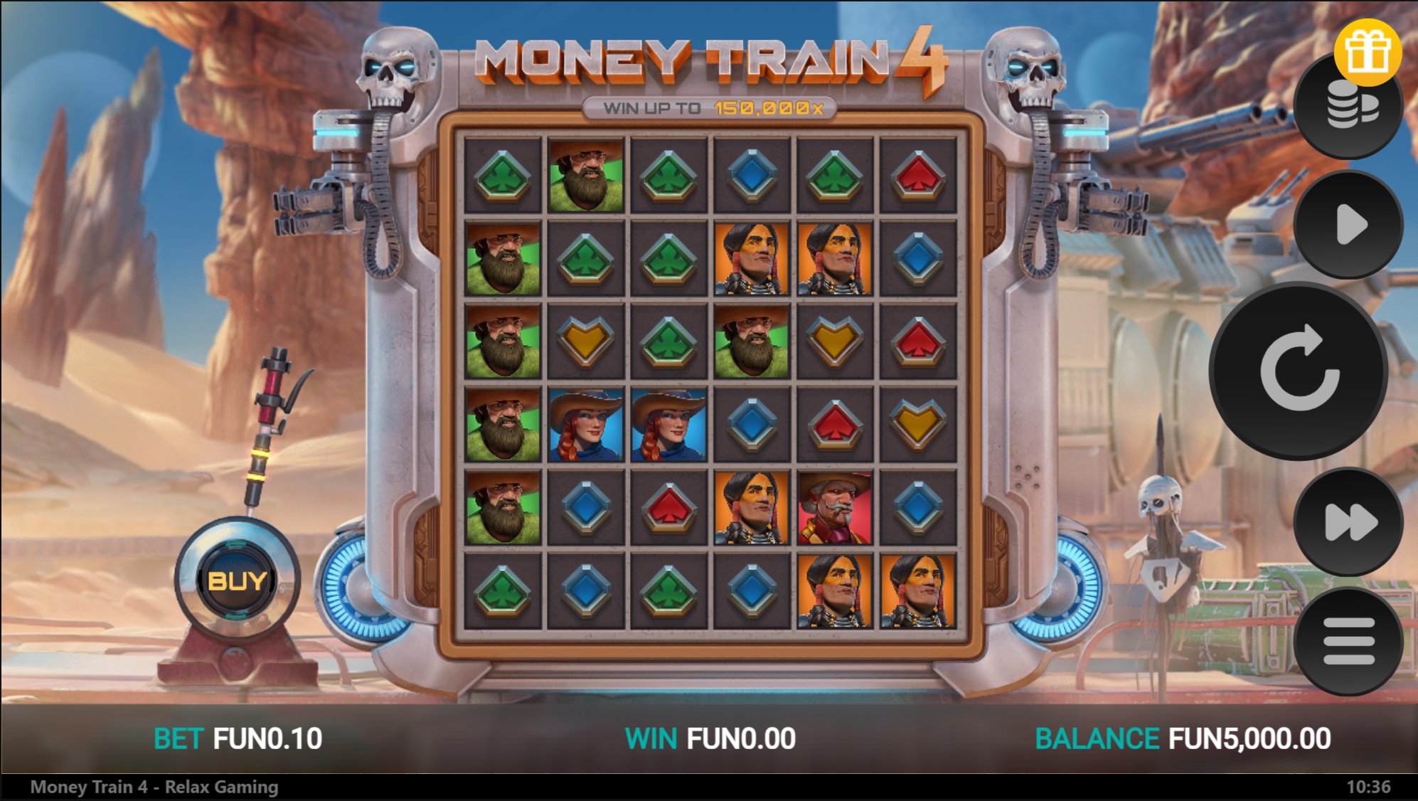 Money Train 4 base game – 5x4 reel grid with steampunk symbols